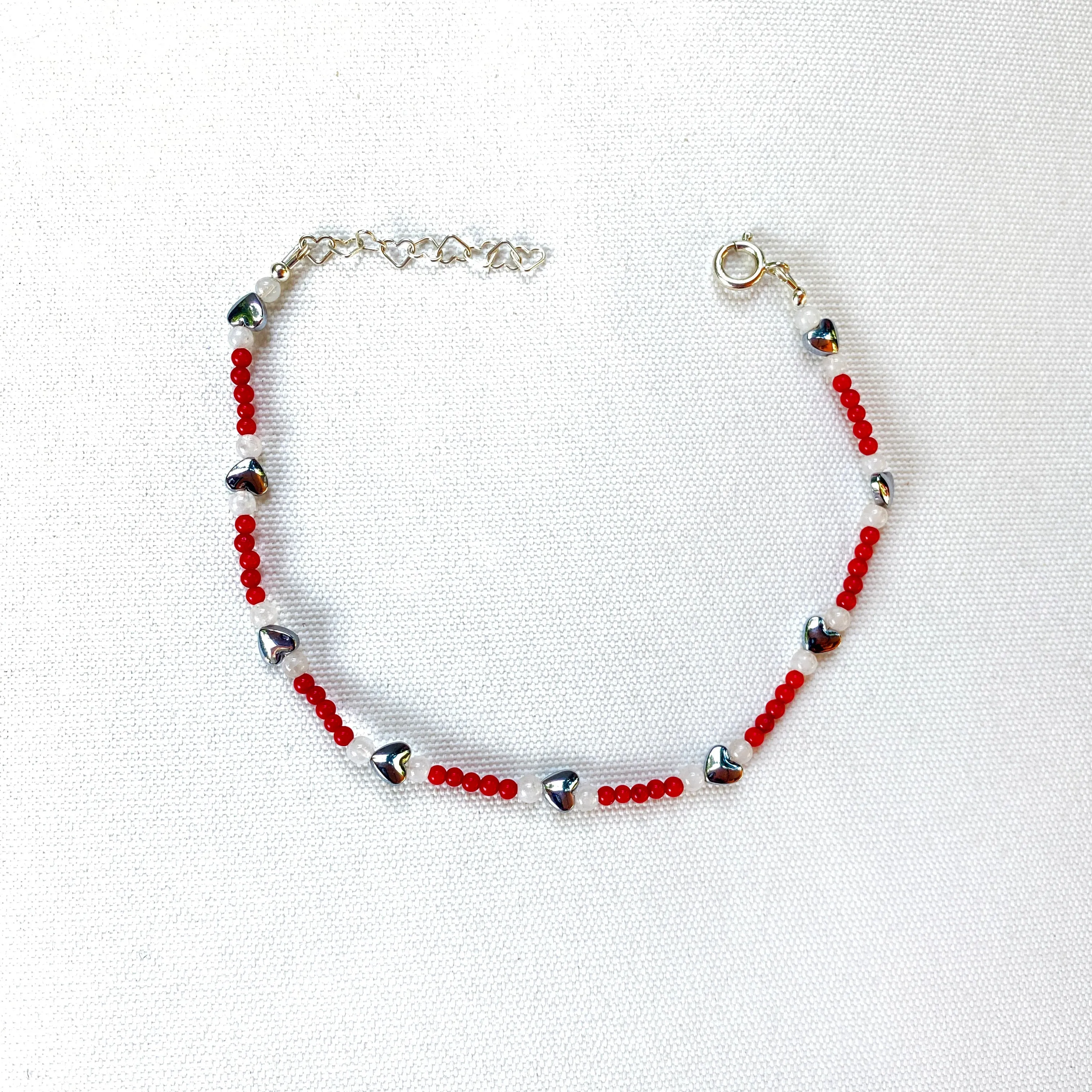 Coral, hematite heart and moonstone gemstone sterling silver anklet