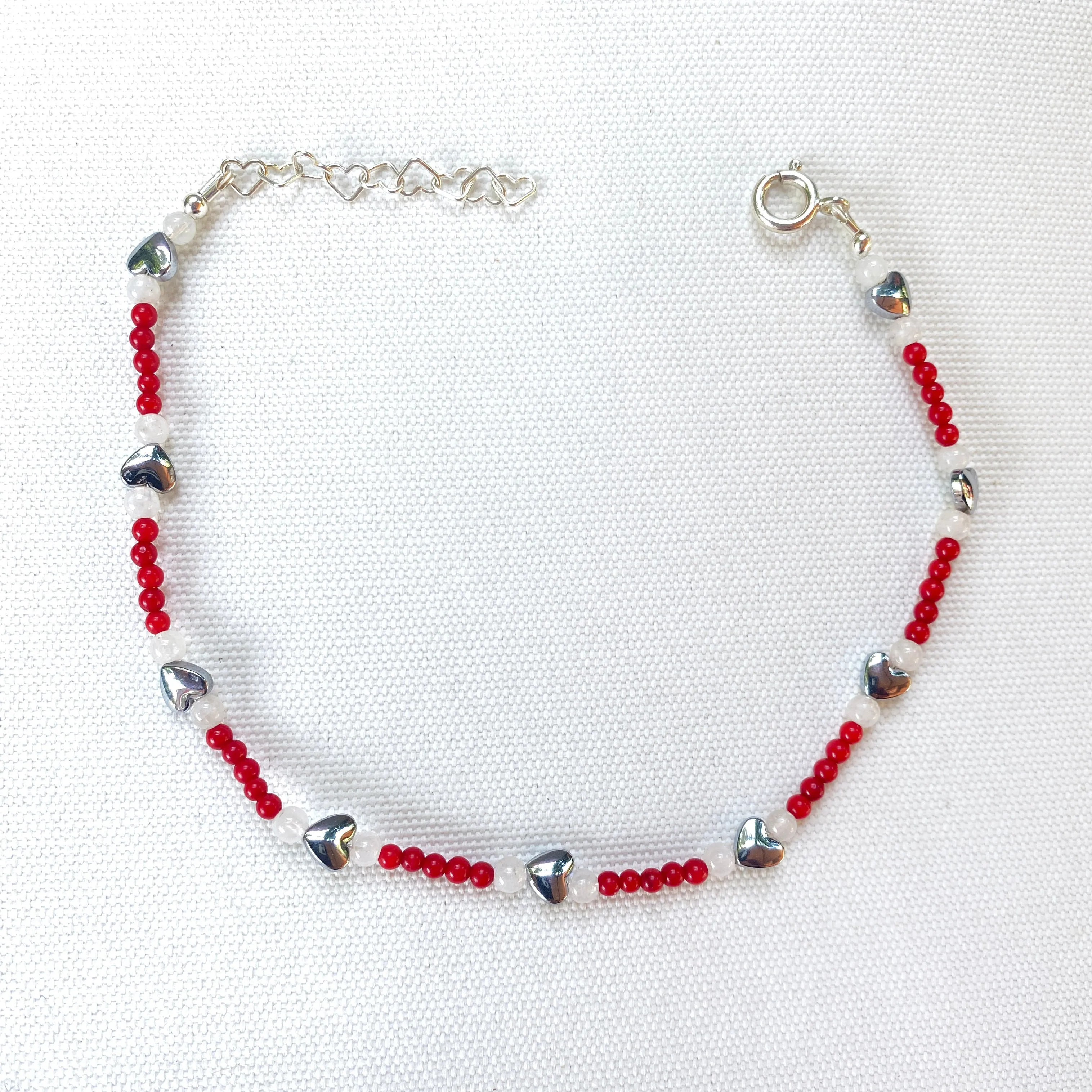 Coral, hematite heart and moonstone gemstone sterling silver anklet