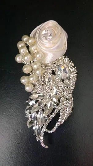 Crystal pearl buttonhole, Boutonniere with Pearls & rose 1pc by Crystal wedding uk