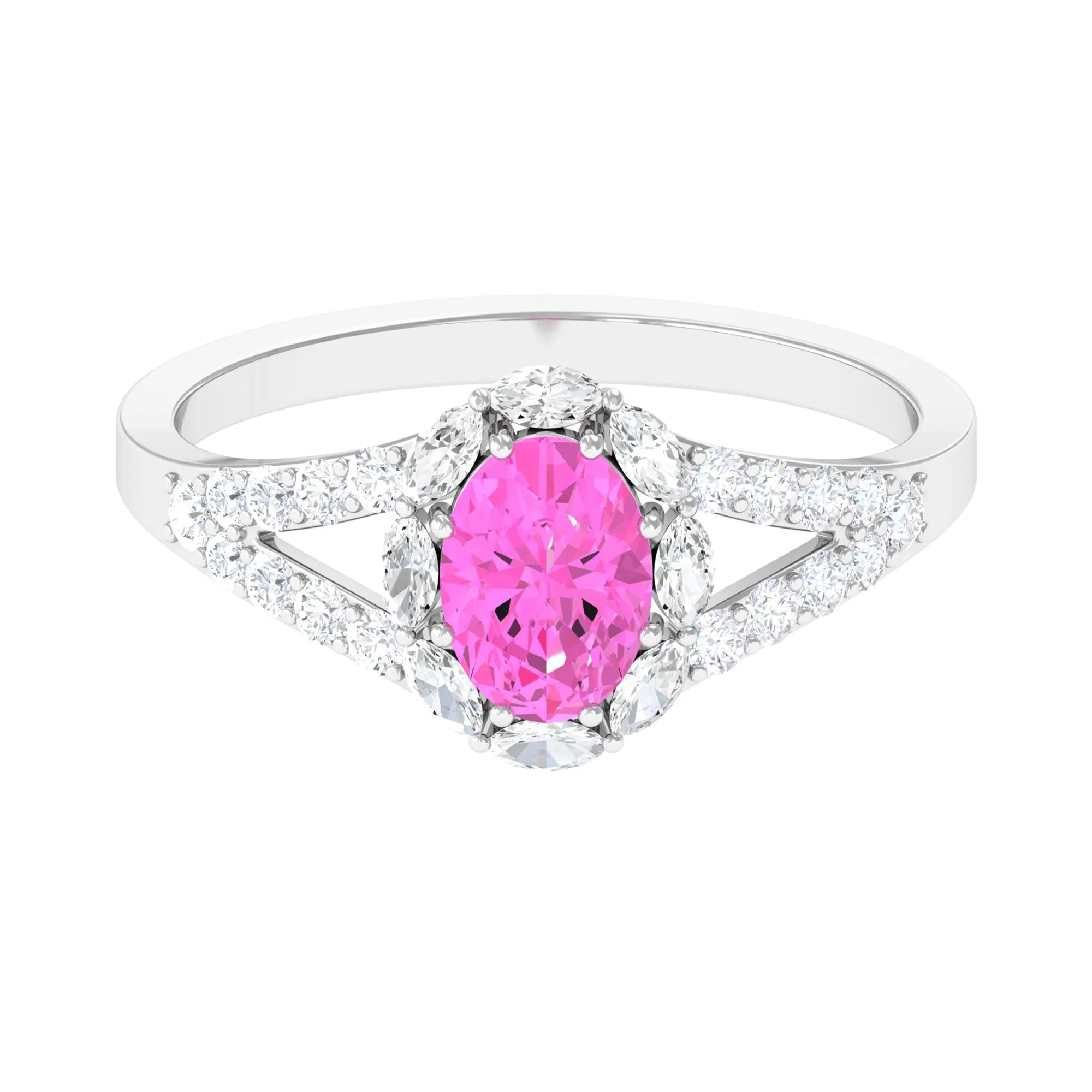 Designer Pink Sapphire and Diamond Halo Engagement Ring with Split Shank