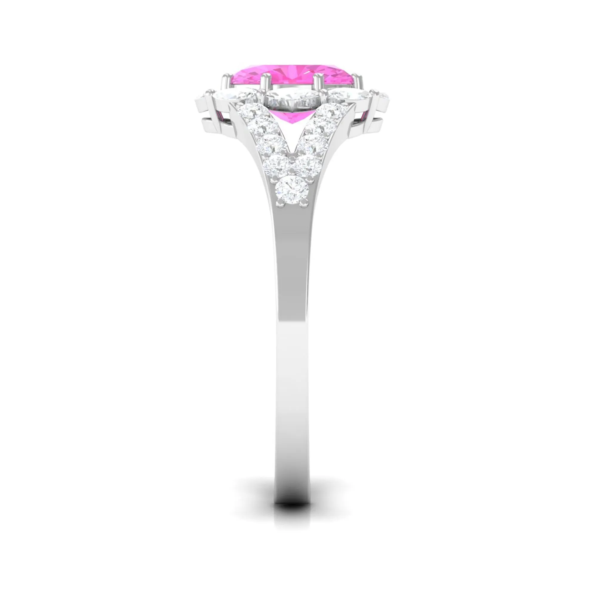 Designer Pink Sapphire and Diamond Halo Engagement Ring with Split Shank