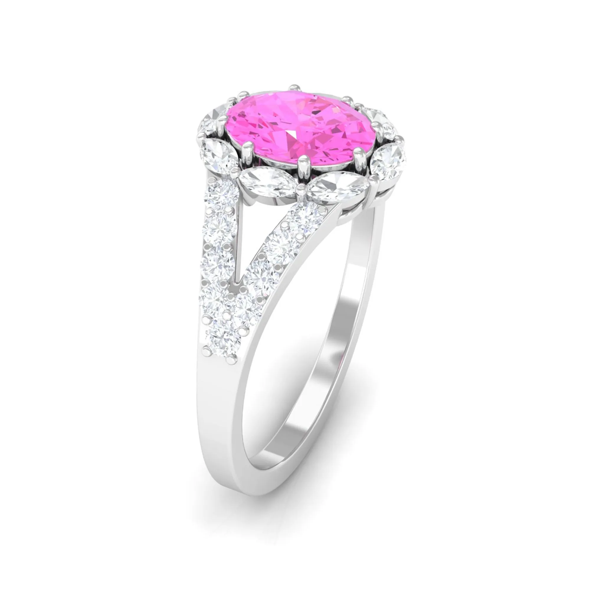 Designer Pink Sapphire and Diamond Halo Engagement Ring with Split Shank