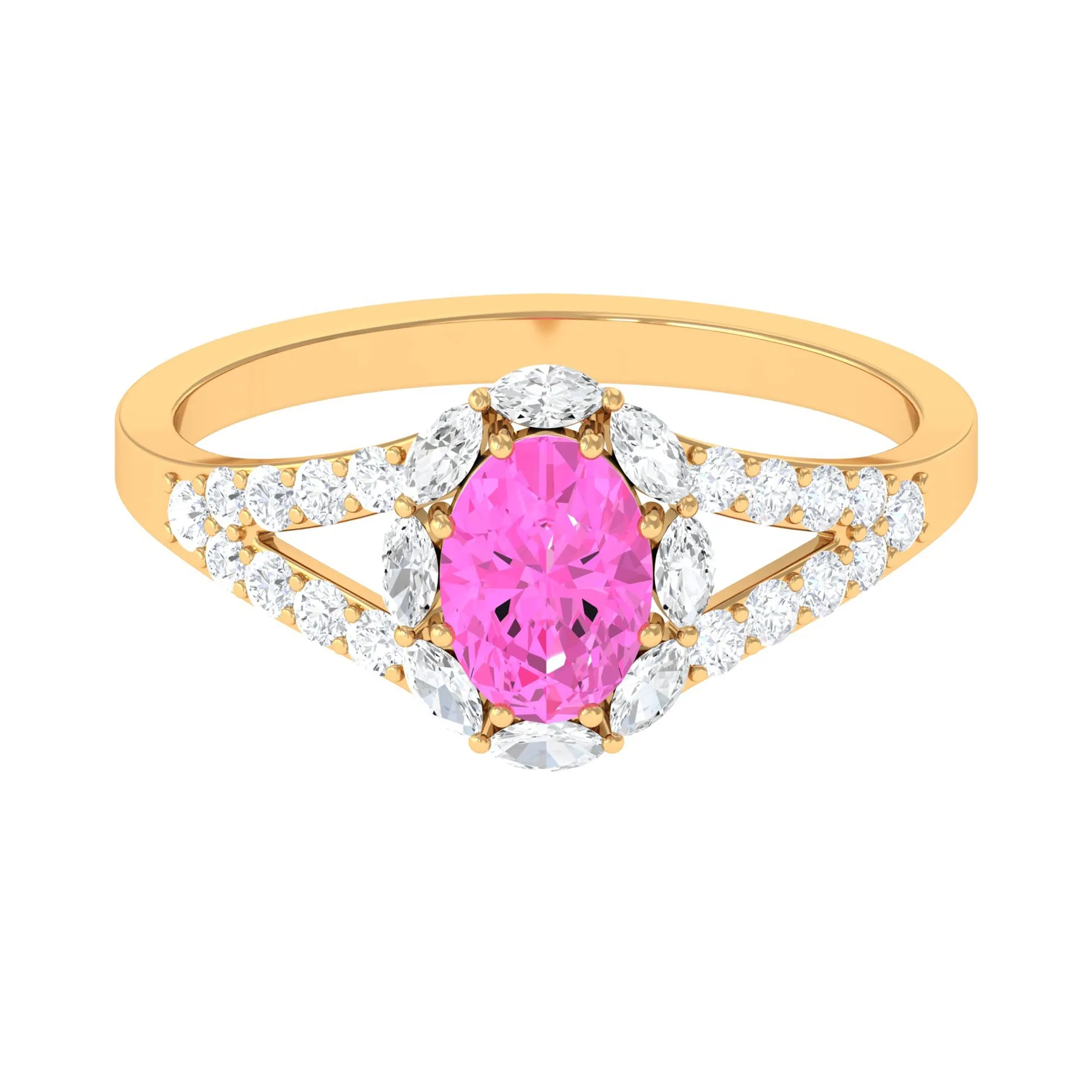 Designer Pink Sapphire and Diamond Halo Engagement Ring with Split Shank