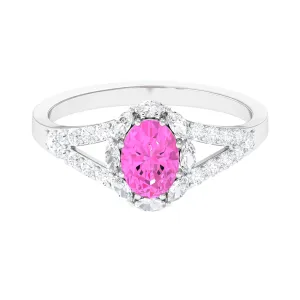 Designer Pink Sapphire and Diamond Halo Engagement Ring with Split Shank