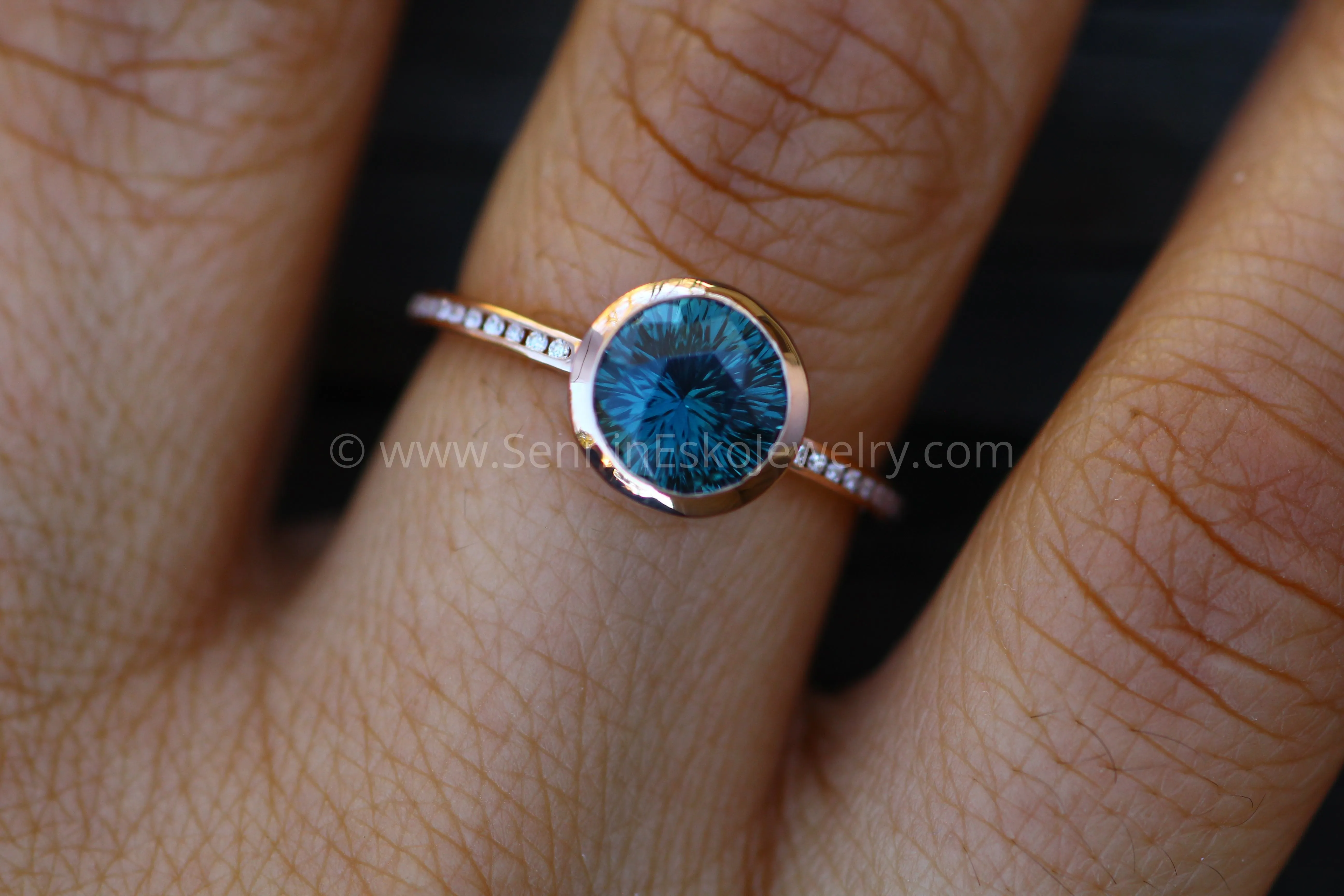 Diamond Channel Accented Rose Gold Bezel Ring Setting - Fantasy cut Color Changing Umba Sapphire Depicted (Setting Only, Center Stone Sold Separately)