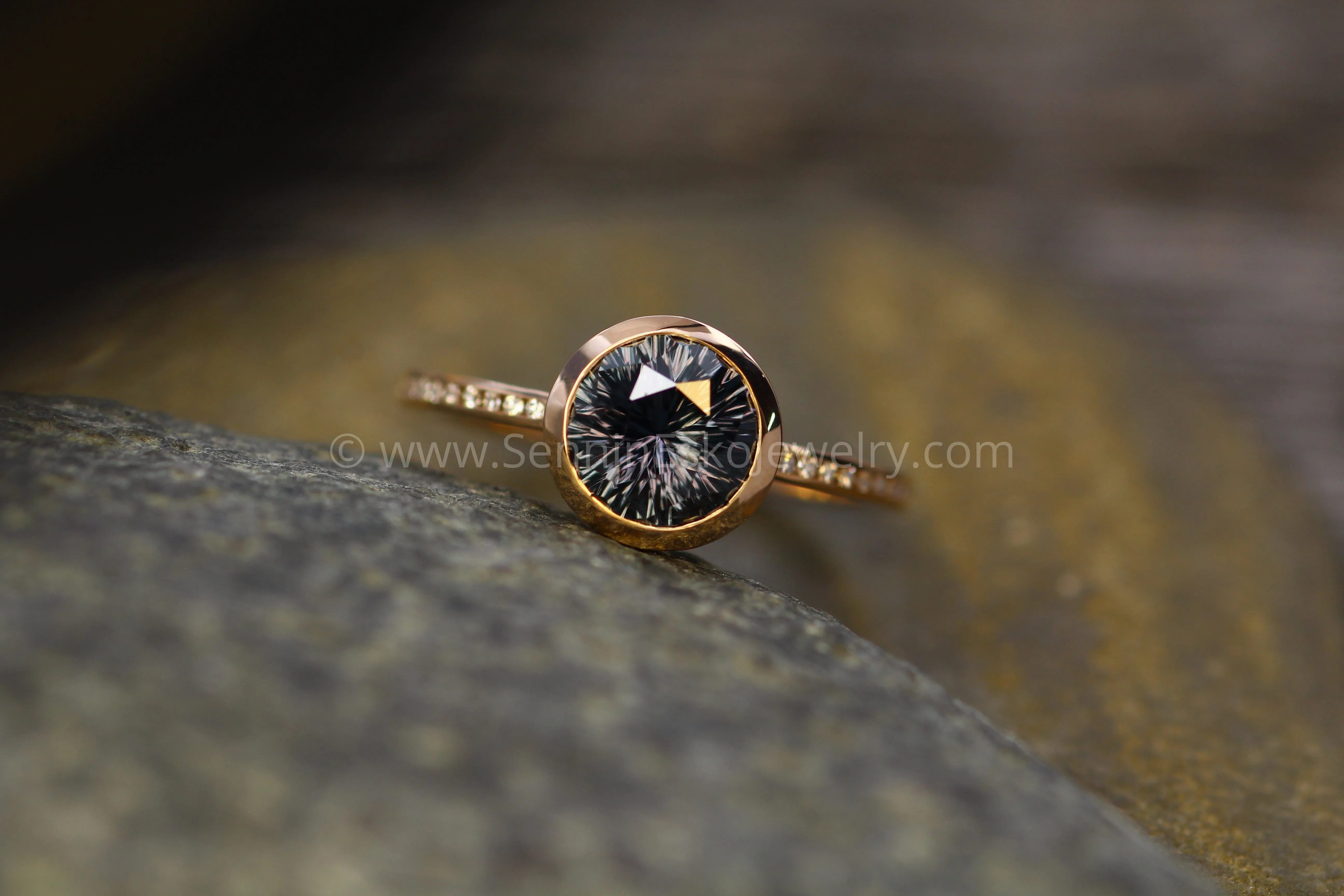 Diamond Channel Accented Rose Gold Bezel Ring Setting - Fantasy cut Color Changing Umba Sapphire Depicted (Setting Only, Center Stone Sold Separately)