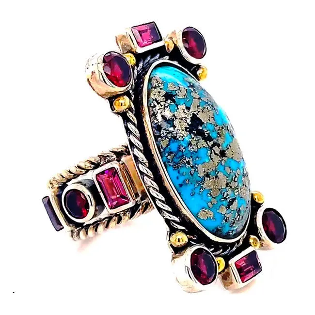 DJZ 102- Rear Persian Turquoise Turmaline large ring large Silver ring with Persian Turquoise & Garnets & Turmaline size 7