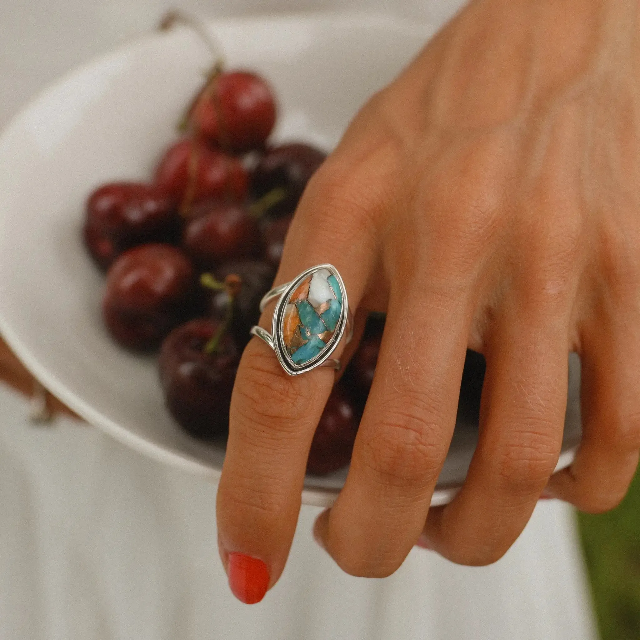 Double Band Spiny Oyster Turquoise Ring