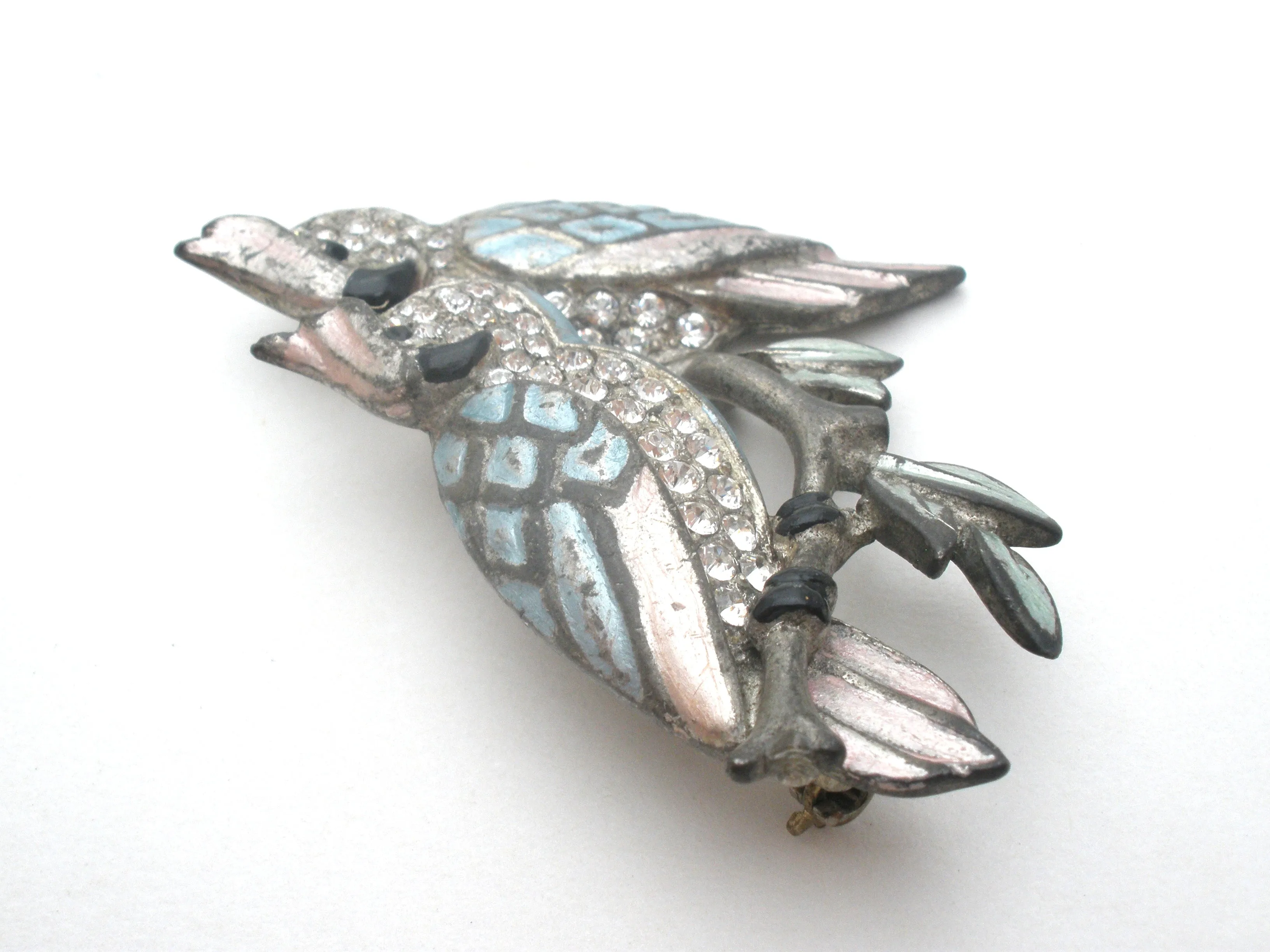 Double Blue Bird Brooch Pin With Paste Rhinestones