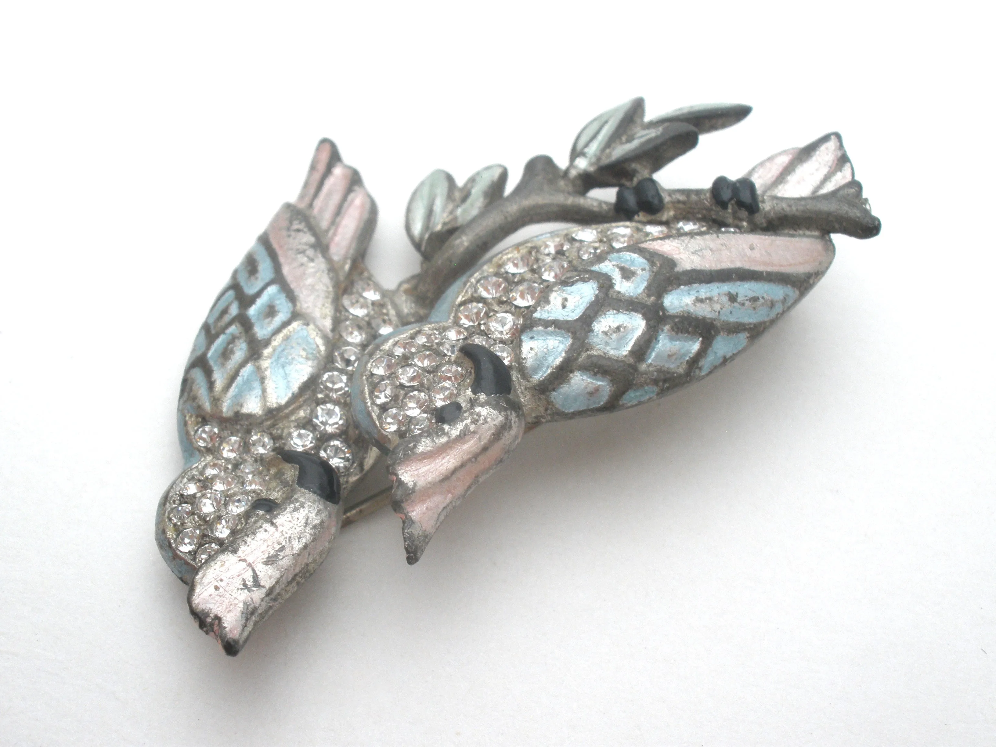 Double Blue Bird Brooch Pin With Paste Rhinestones