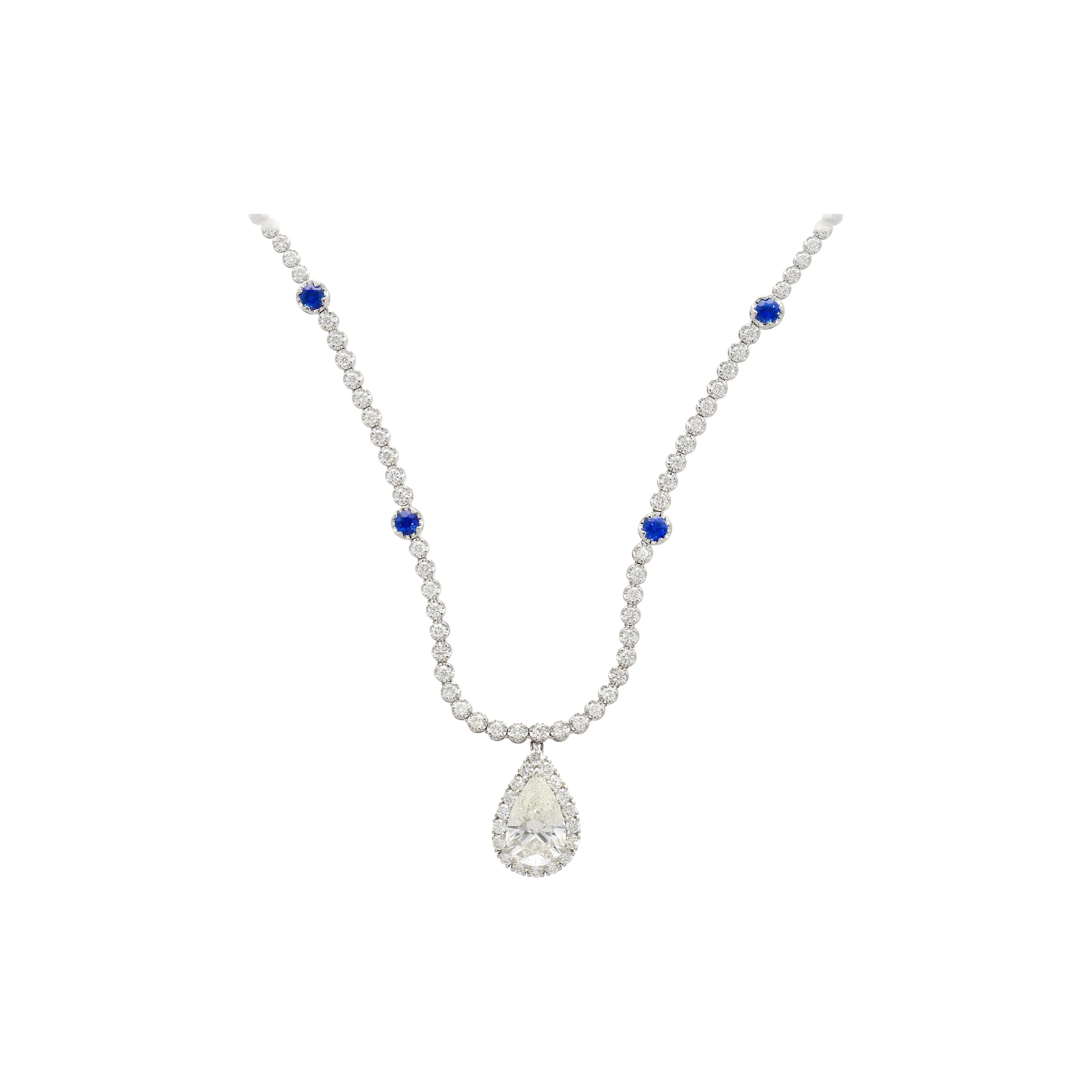 EGL Certified 5.02 Carat Pear Diamond Pendant and Diamond Halo & Sapphire Detail