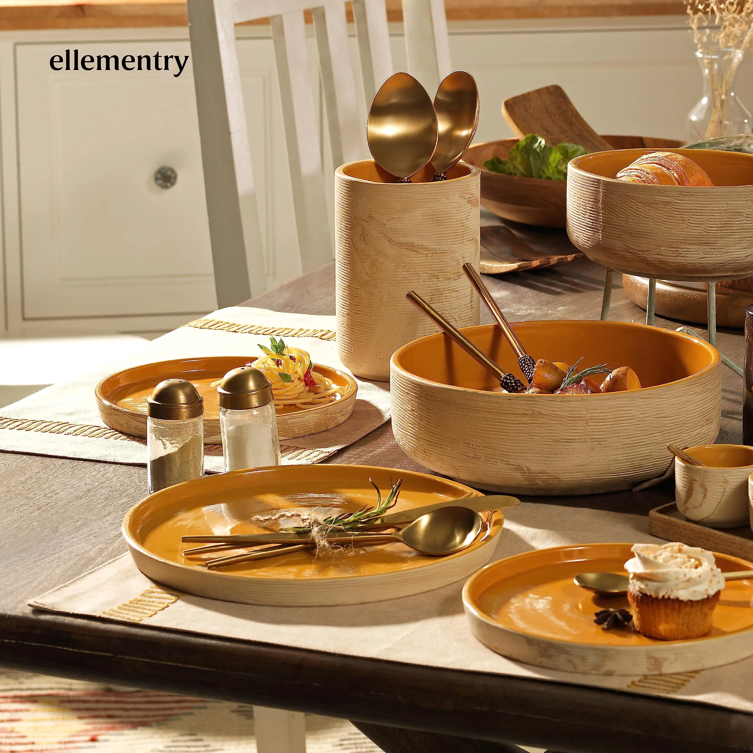 Ellementry Amber Love Ceramic Dinner and Side Plate Combo (Set of 8) (4 of Each) | Dishwasher Safe | Food Grade | Dinnerware | Bone-Ash Free | Crockery for Dining & Gifting