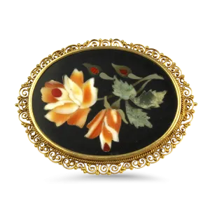 Estate 14k Yellow Gold Pietra Dura Inlay Rose Brooch / Pendant