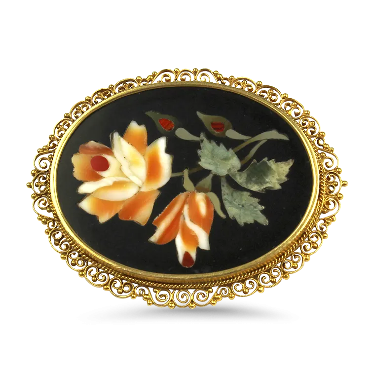 Estate 14k Yellow Gold Pietra Dura Inlay Rose Brooch / Pendant