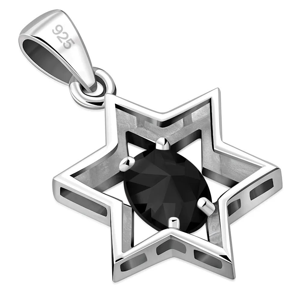 Faceted Black Onyx Star of David Silver Pendant