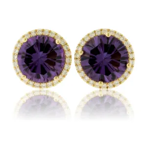 Fancy Cut Round Amethyst & Diamond Halo Stud Earrings