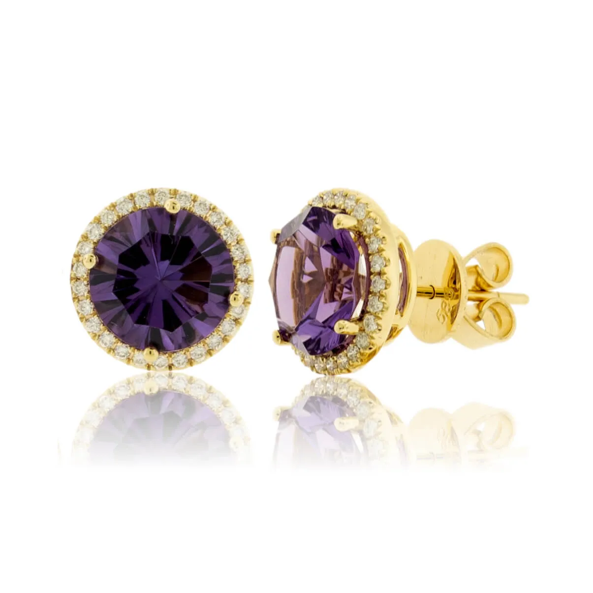 Fancy Cut Round Amethyst & Diamond Halo Stud Earrings