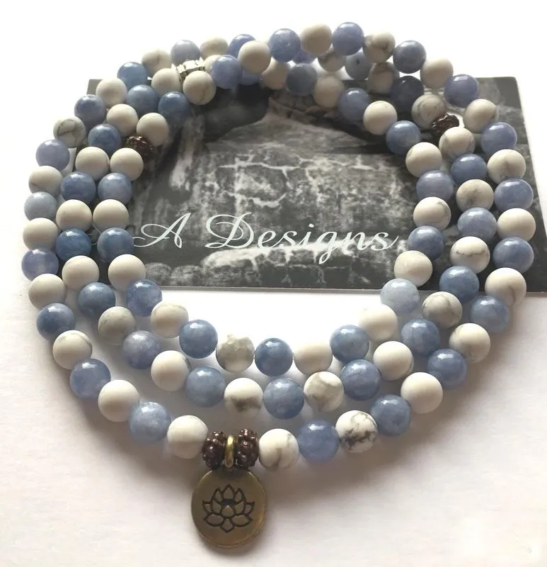 Genuine Aquamarine and Howlite Mala/Prayer Beads with "Lotus" Charm