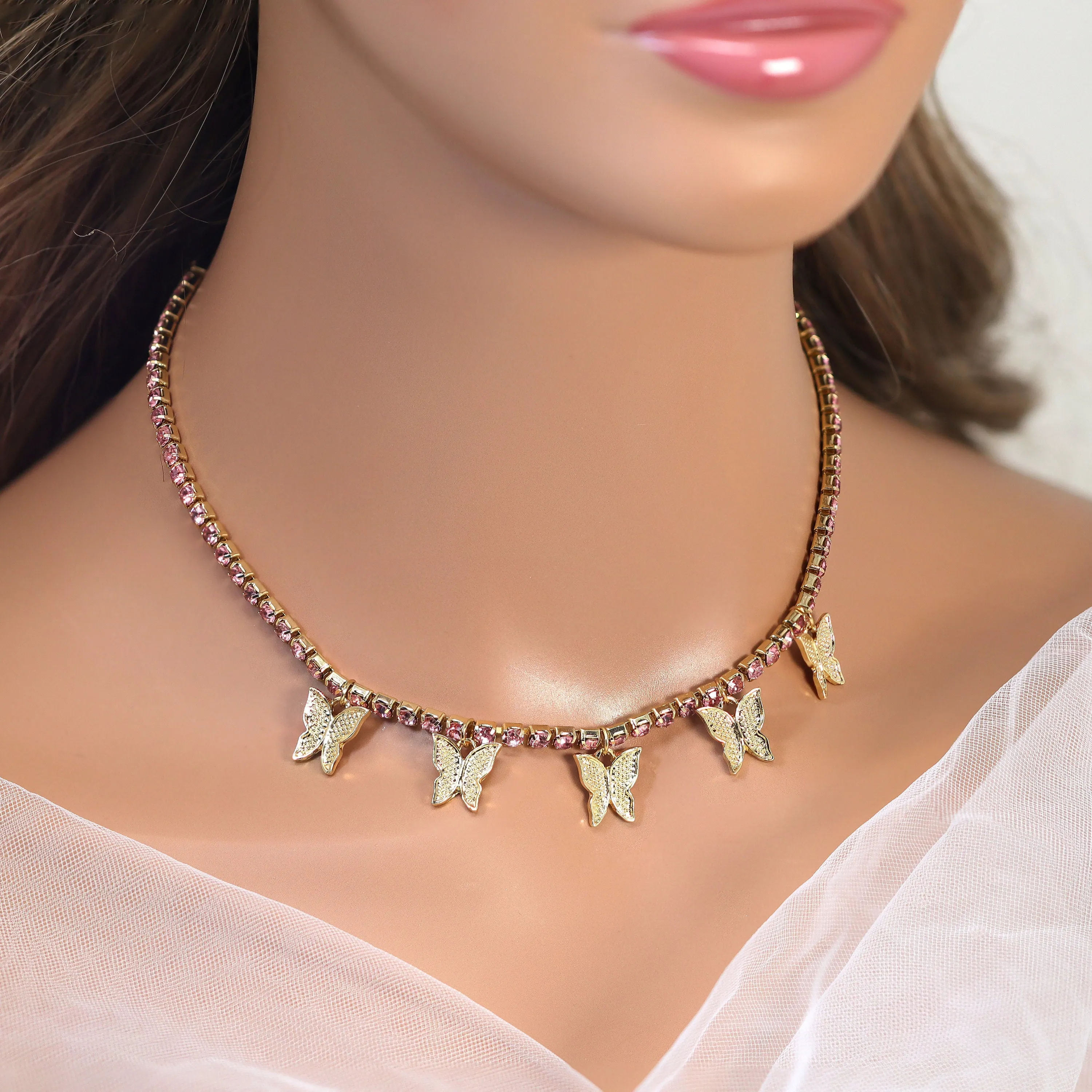 Gold Pink Rhinestone Butterfly Choker Necklace• Butterfly Drop Necklace • Minimalist • Gold Butterfly  Necklace