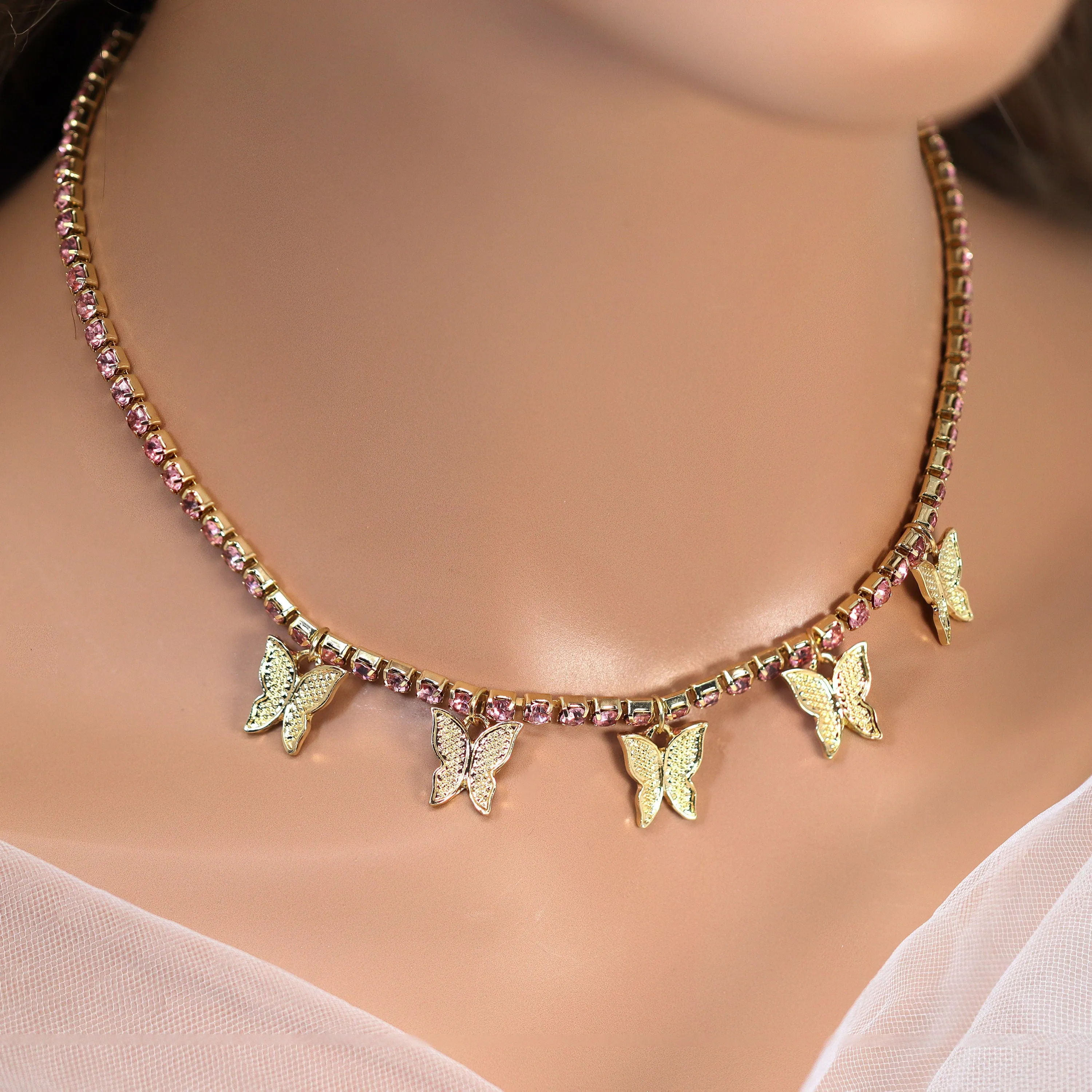 Gold Pink Rhinestone Butterfly Choker Necklace• Butterfly Drop Necklace • Minimalist • Gold Butterfly  Necklace