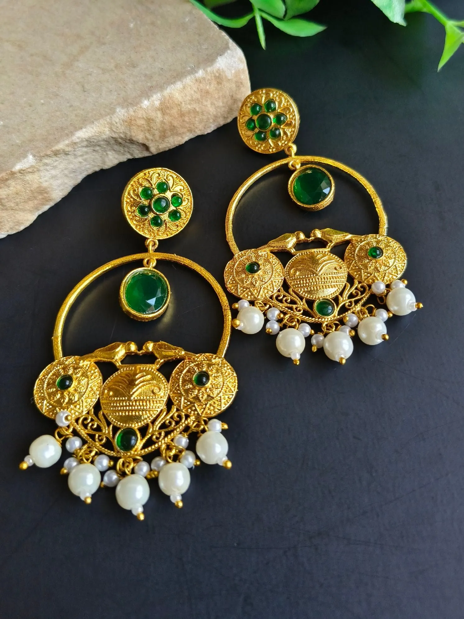 Gold-Plated Dangler Earrings with Jade Stones, Bird Design & Pearls | Sarichka