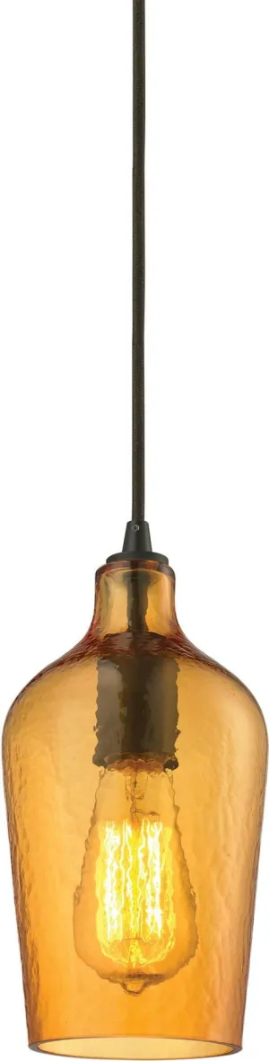 Hammered Glass 1 Light Pendant In Oil Rubbed Bronze and Amber Glass