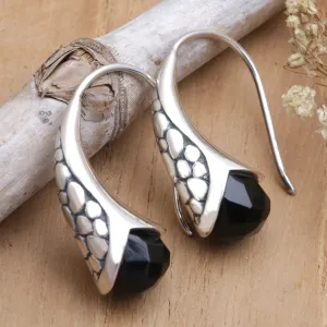 Handcrafted Sterling Silver Onyx Drop Earrings Indonesia - Midnight Spell | NOVICA