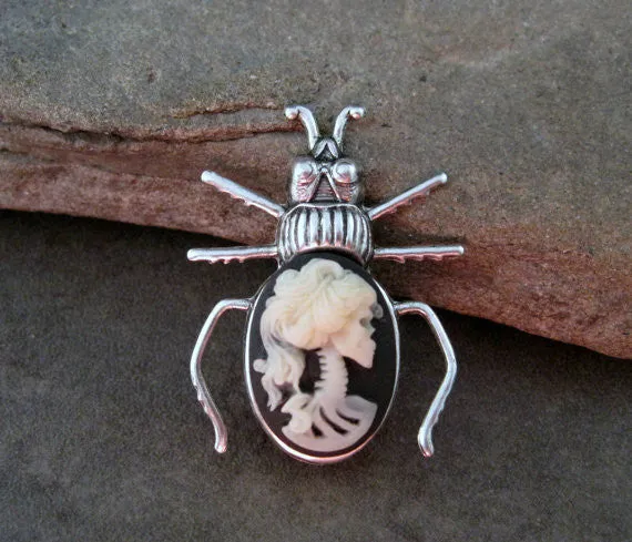 Handmade Day Of The Dead Lady Lolita Cameo Beetle Brooch Pin