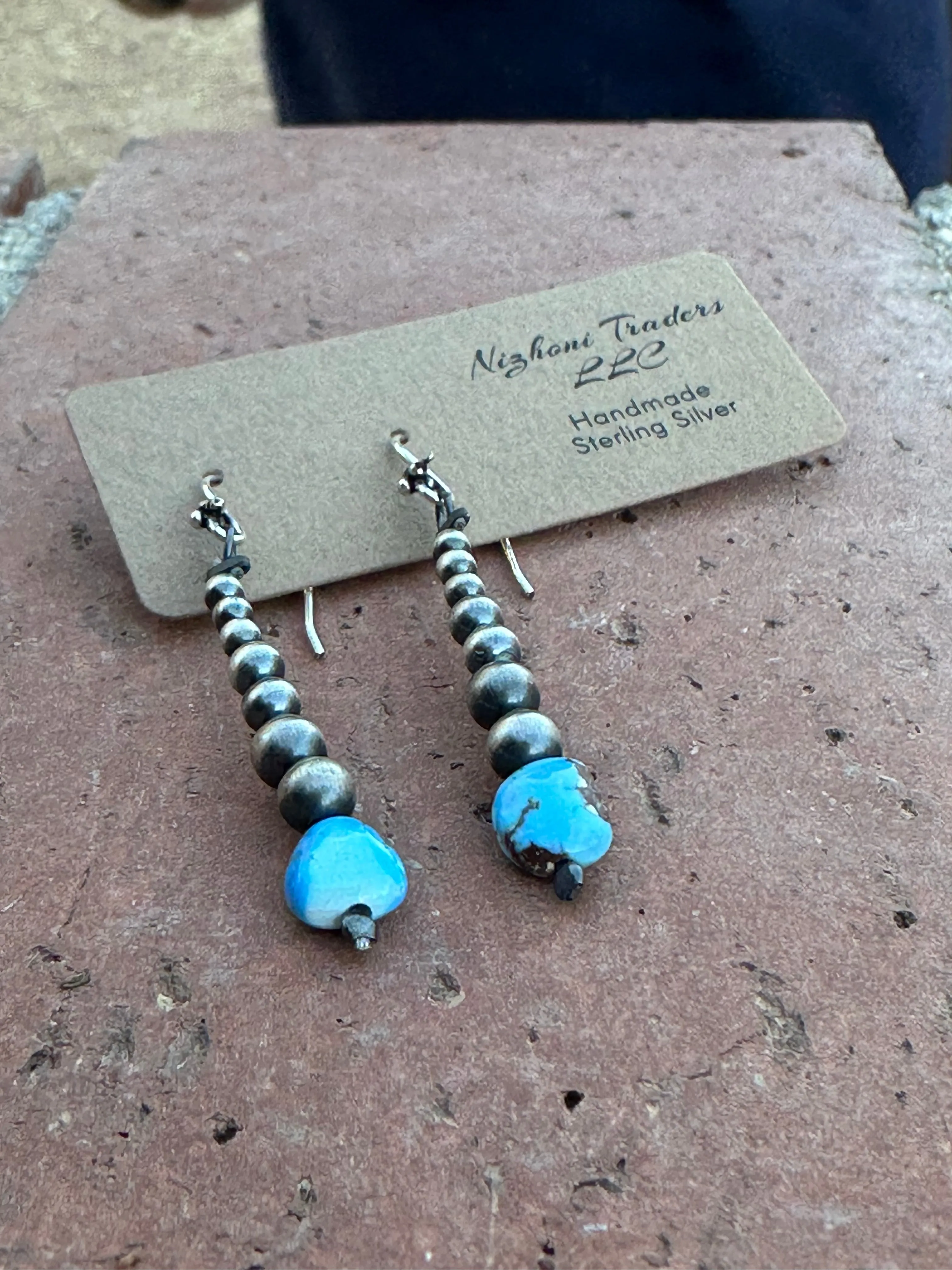 Handmade Natural Golden Hills Turquoise And Sterling Silver Beaded Drop Dangle Earrings