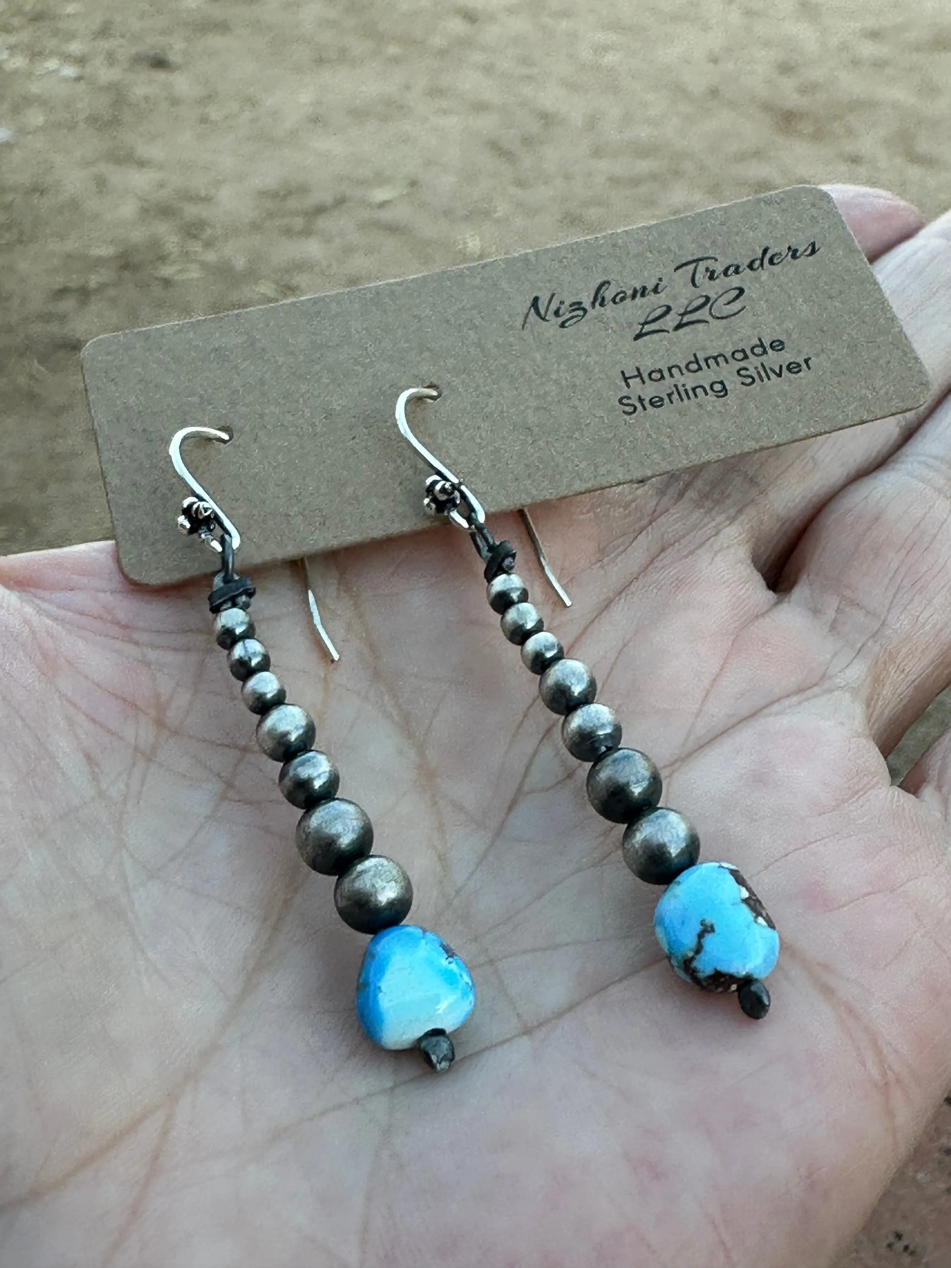 Handmade Natural Golden Hills Turquoise And Sterling Silver Beaded Drop Dangle Earrings