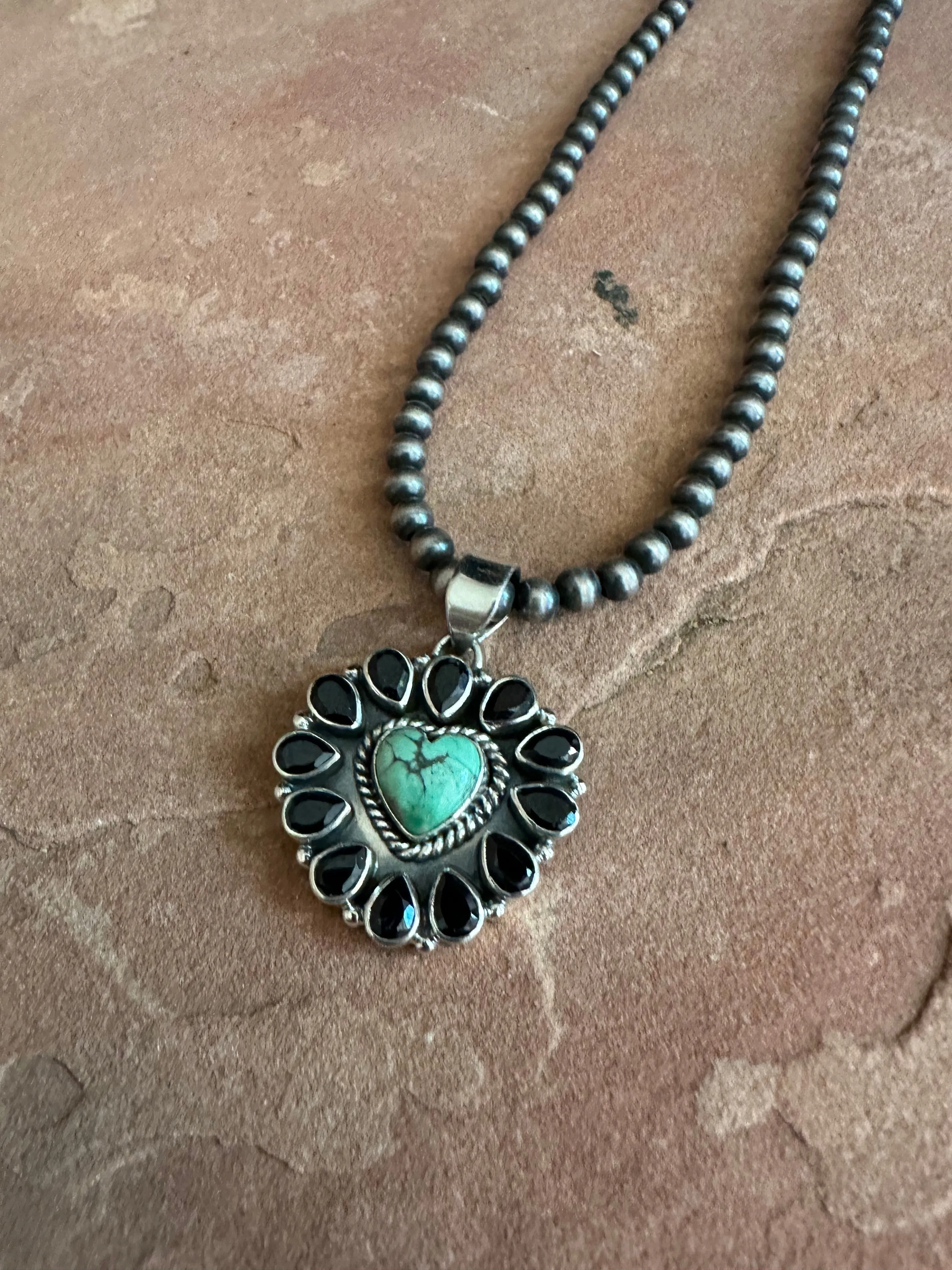 Handmade Turquoise, Onyx & Sterling Silver Pendant