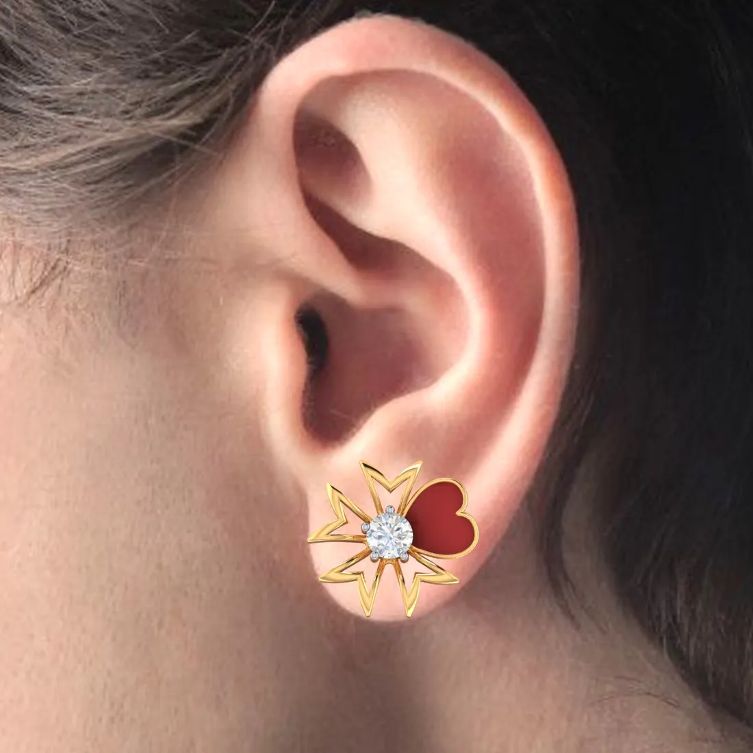 Heart Petal Shape 18k Gold And Diamond Earrings