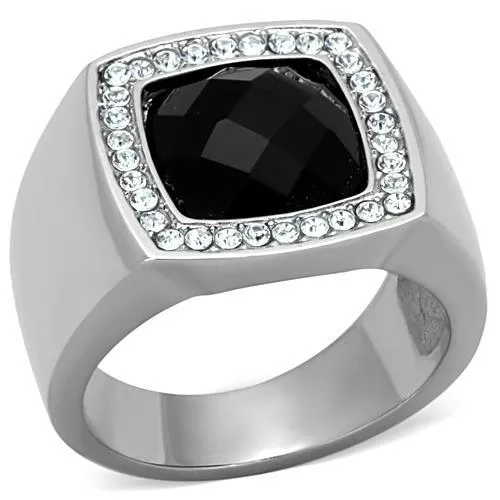 High polished (no plating) Stainless Steel Ring with Semi-Precious Onyx in Jet for Women Style TK1616