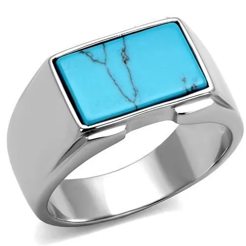 High polished (no plating) Stainless Steel Ring with Synthetic Imitation Amber in Sea Blue for Women Style TK3000