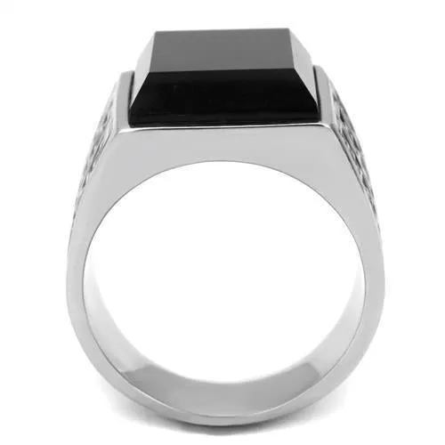 High polished (no plating) Stainless Steel Ring with Synthetic Onyx in Jet for Women Style TK3076