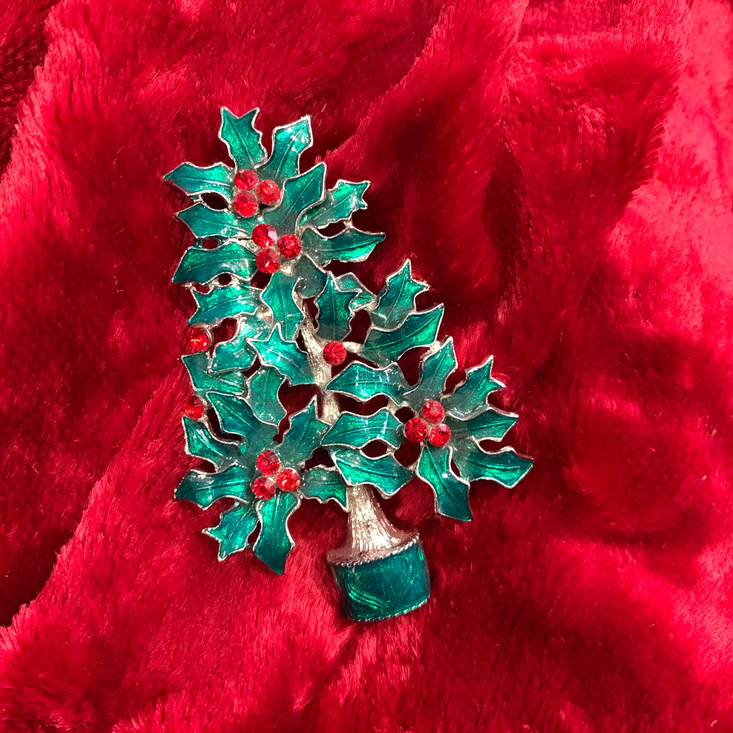 Holly Leaf Christmas tree brooch with enamel