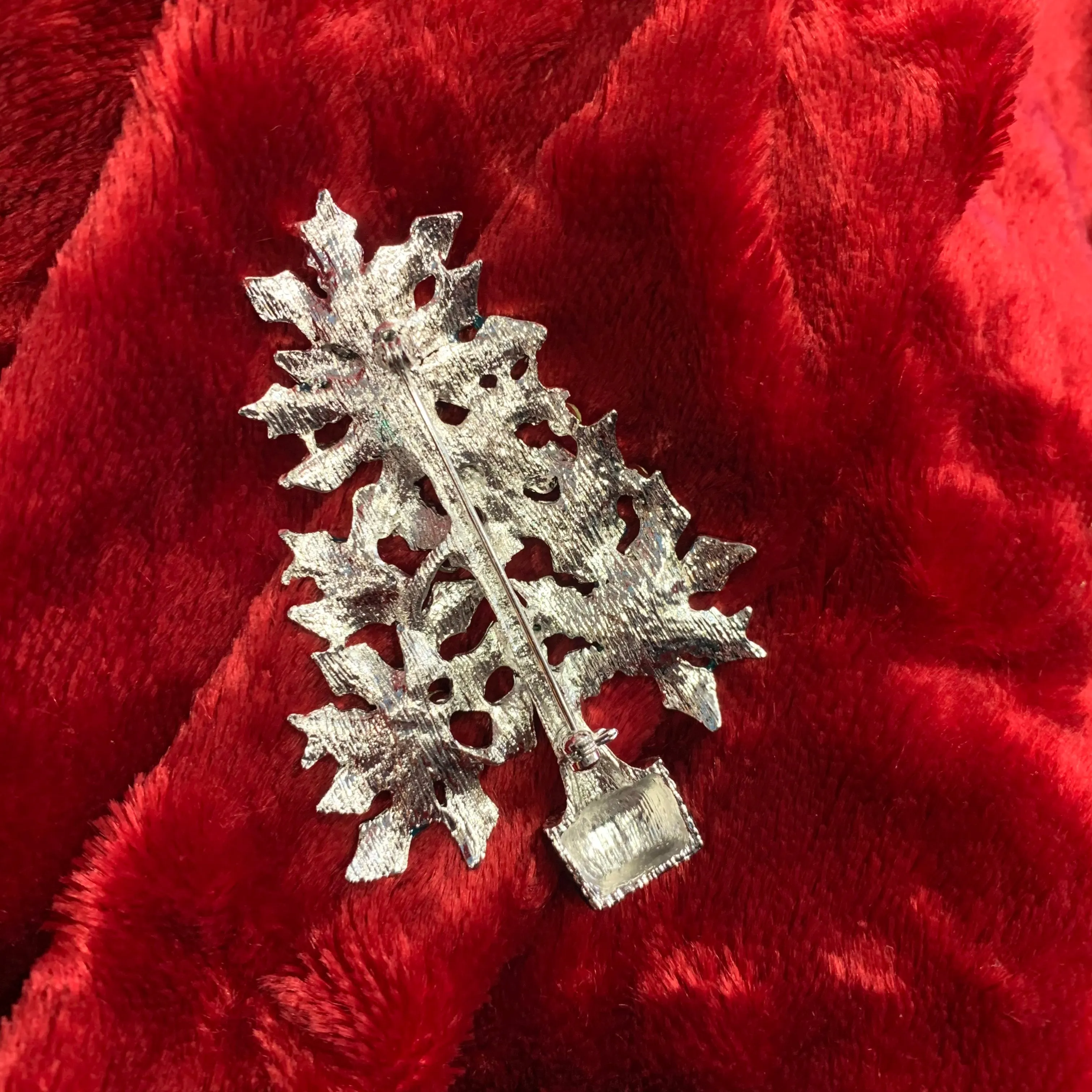 Holly Leaf Christmas tree brooch with enamel