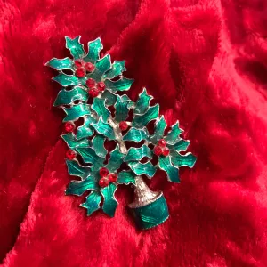 Holly Leaf Christmas tree brooch with enamel