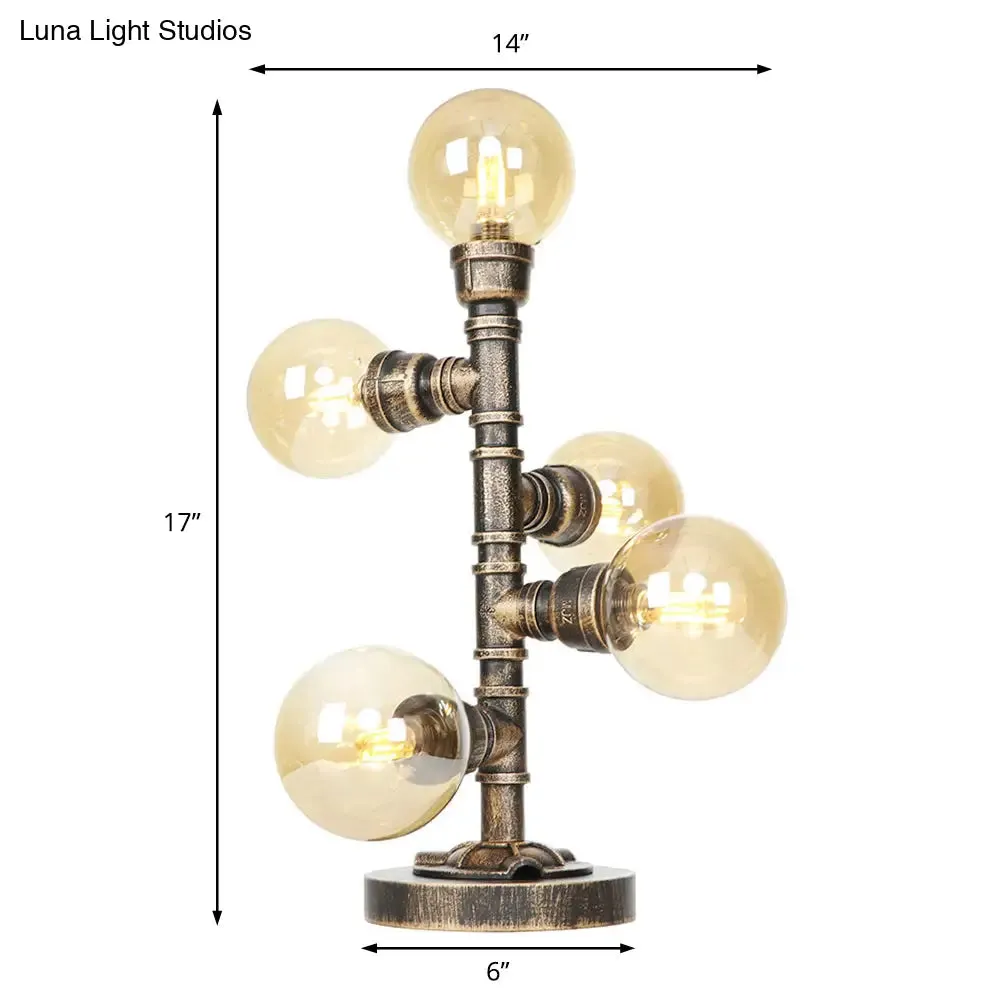 Industrial Study Room Task Lighting: 5-Light Table Light with Clear/Amber Glass Shade, Base Included