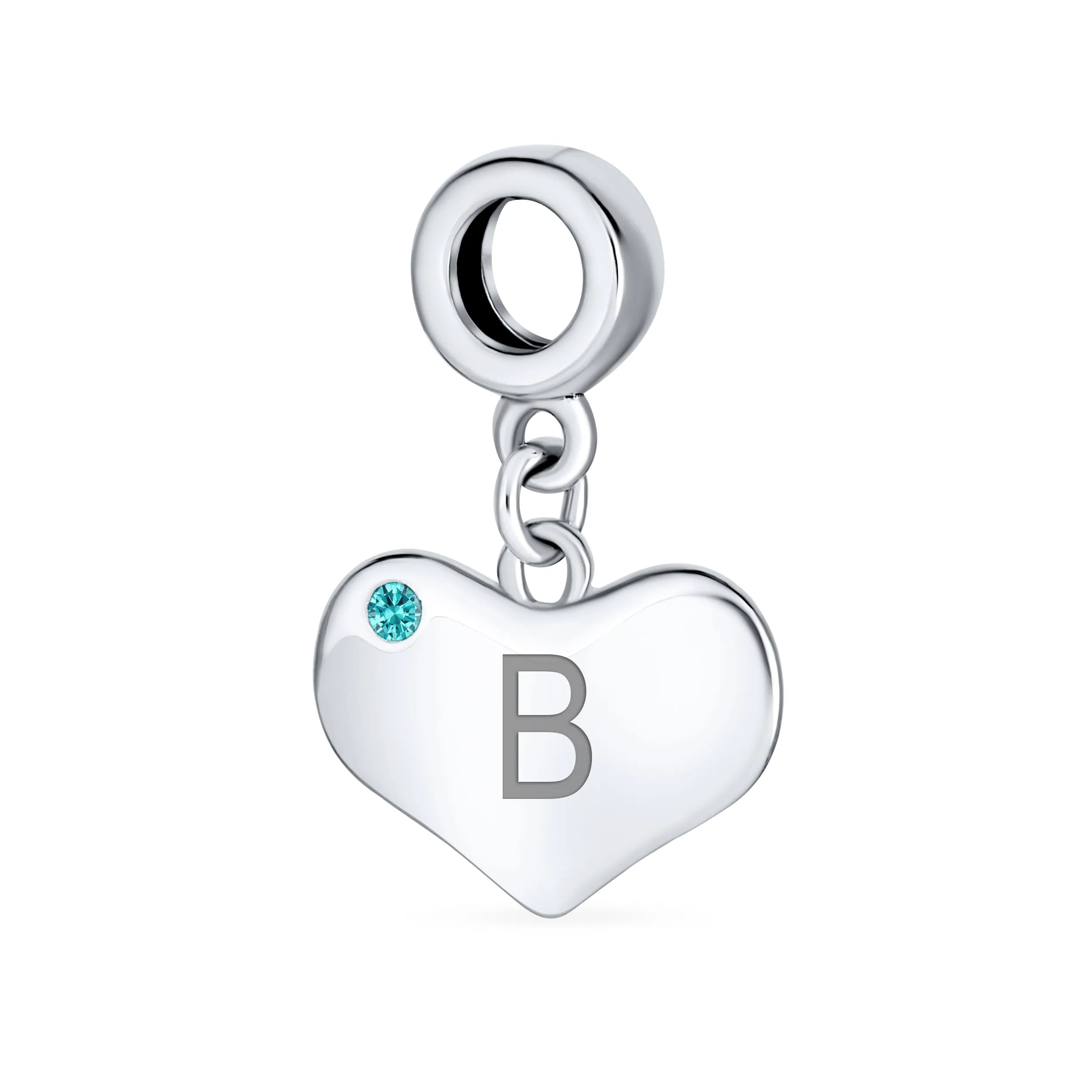 Initial Alphabet Bead Charm Aqua Blue Crystal Heart Dangle for Silver Bracelet