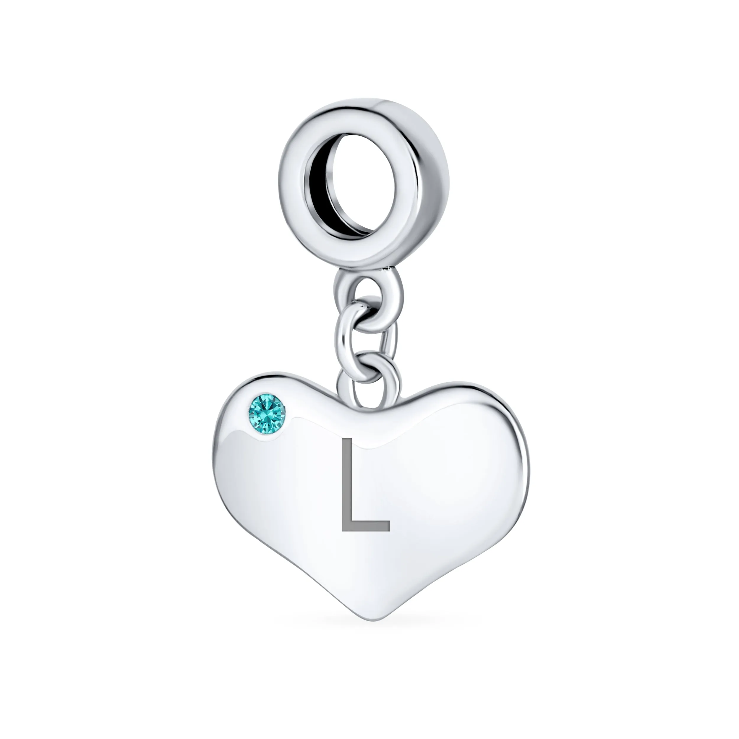 Initial Alphabet Bead Charm Aqua Blue Crystal Heart Dangle for Silver Bracelet