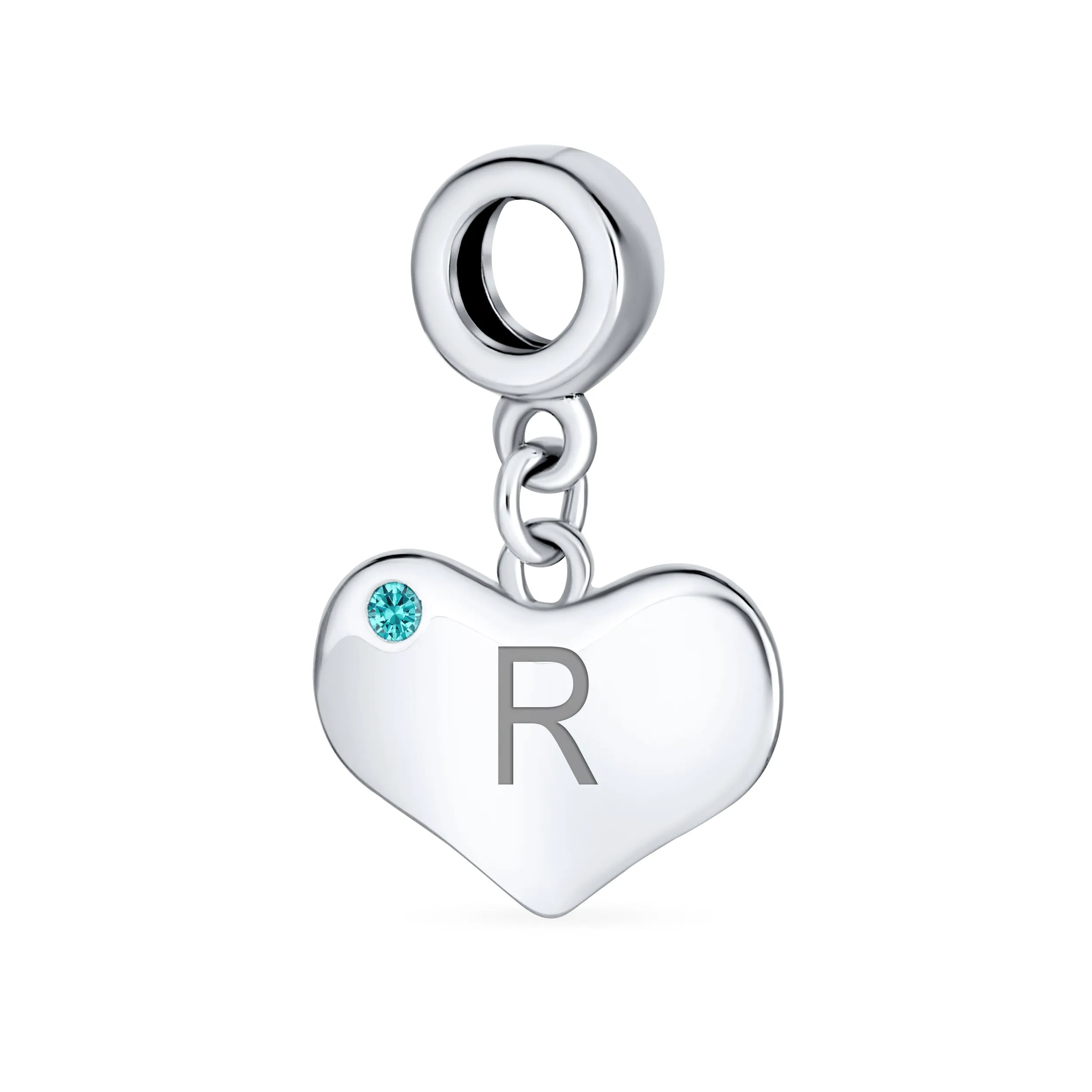 Initial Alphabet Bead Charm Aqua Blue Crystal Heart Dangle for Silver Bracelet