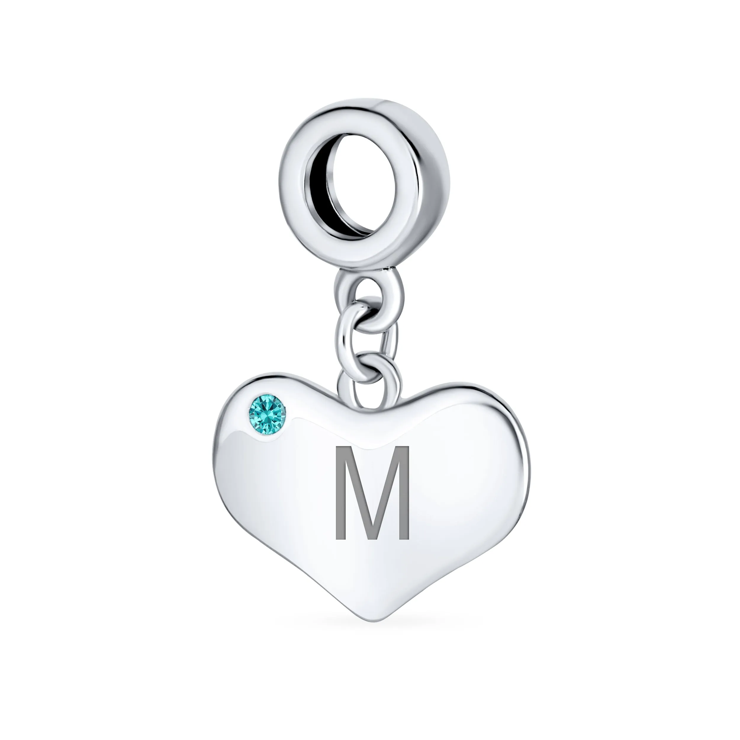 Initial Alphabet Bead Charm Aqua Blue Crystal Heart Dangle for Silver Bracelet