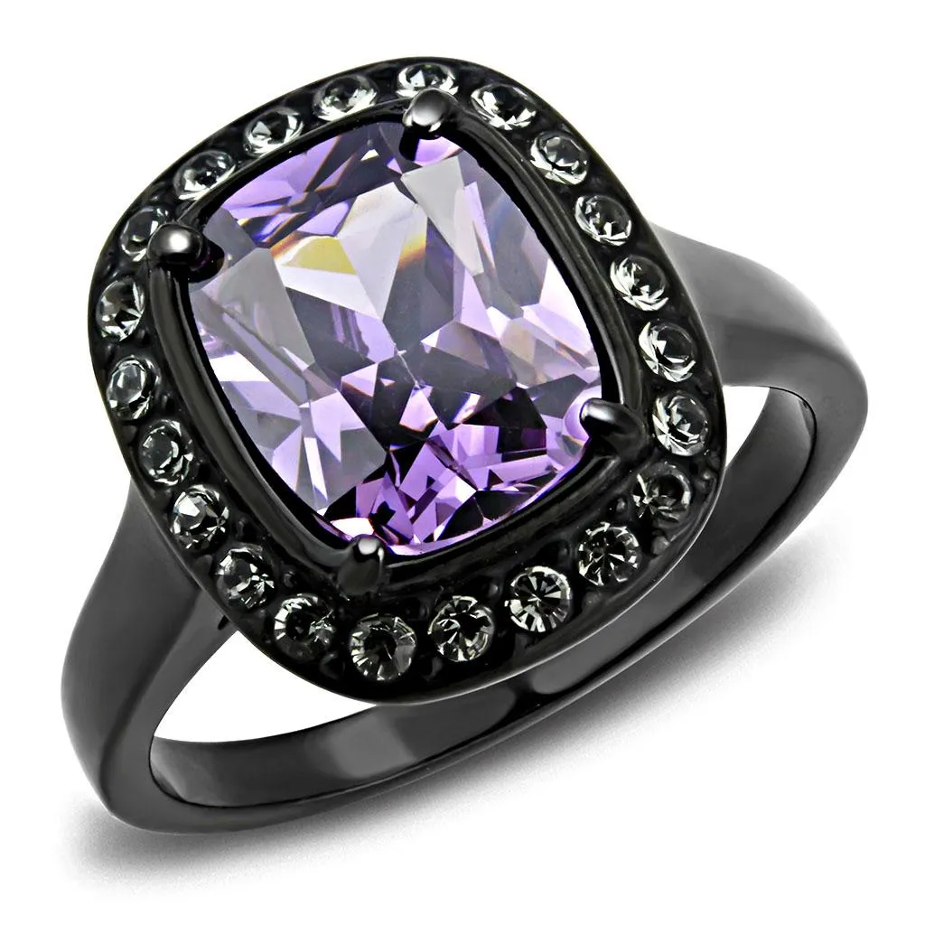 IP Black(Ion Plating) Stainless Steel Ring with AAA Grade CZ in Amethyst for Women Style TK3512