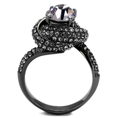 IP Light Black (IP Gun) Stainless Steel Ring with Top Grade Crystal in Light Amethyst for Women Style TK2604