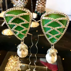 Jade, Simulated Diamond and Baroque Pearl Drop Earrings