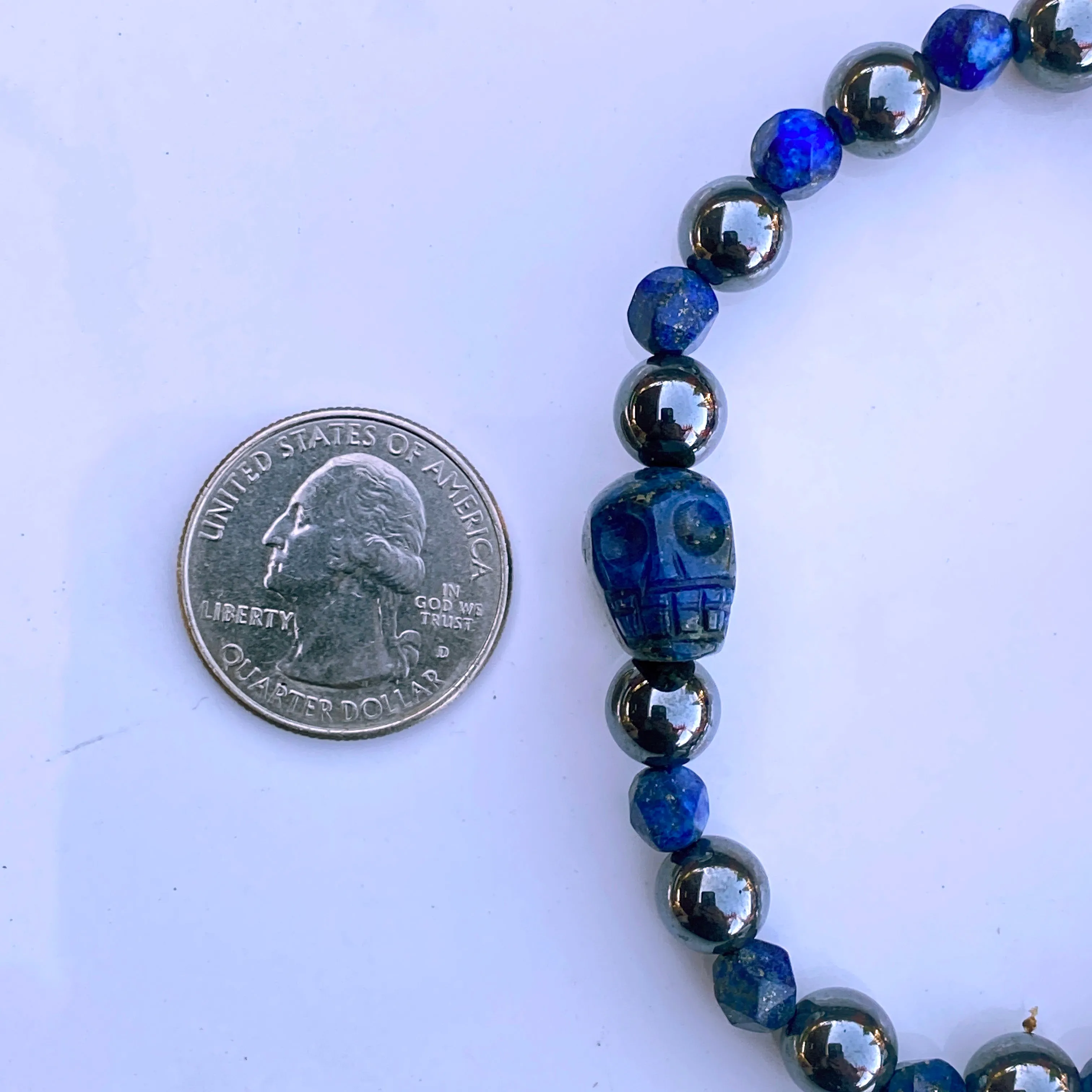 Lapis Lazuli and Hematite gemstone Beaded Skull Bracelet