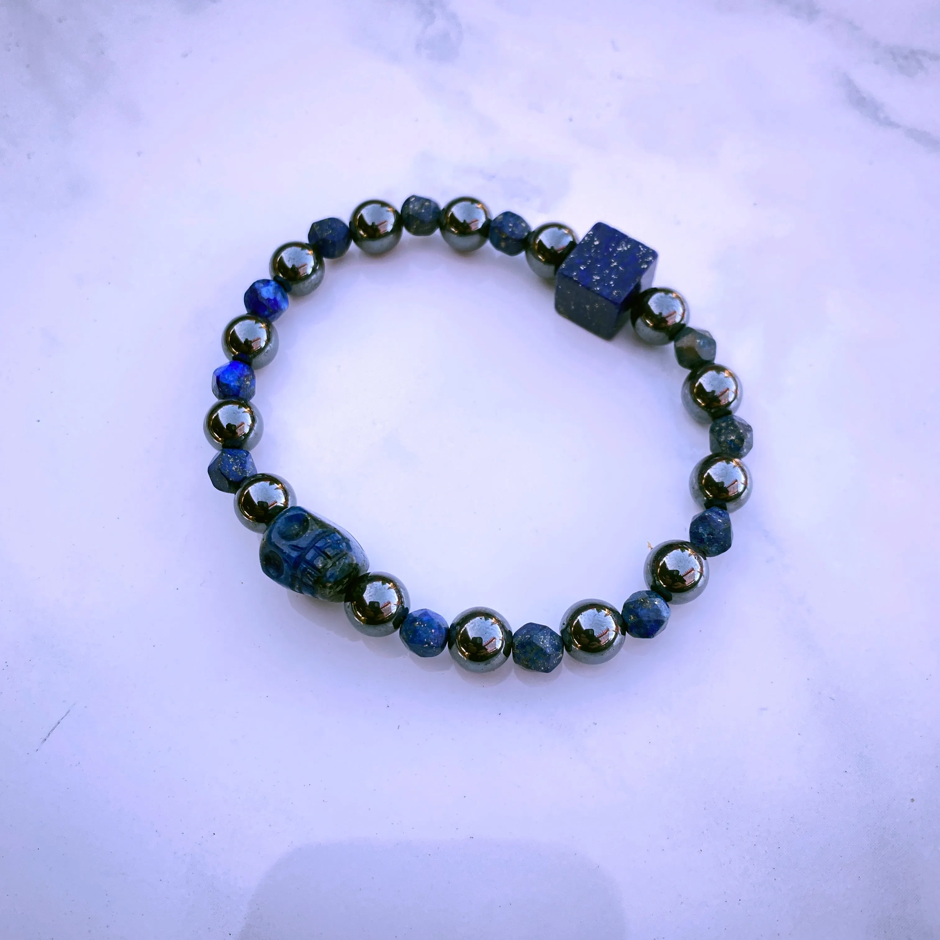 Lapis Lazuli and Hematite gemstone Beaded Skull Bracelet