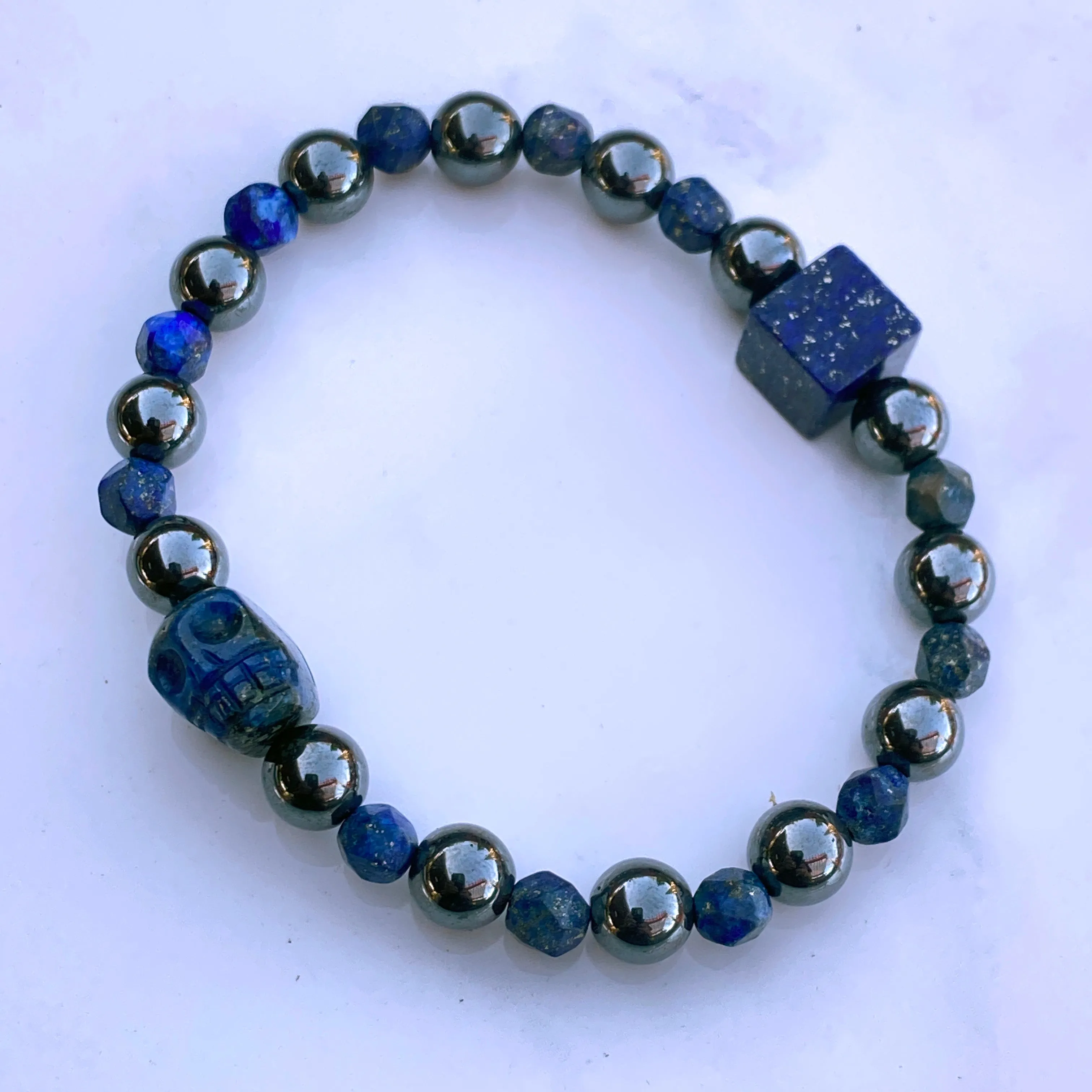 Lapis Lazuli and Hematite gemstone Beaded Skull Bracelet