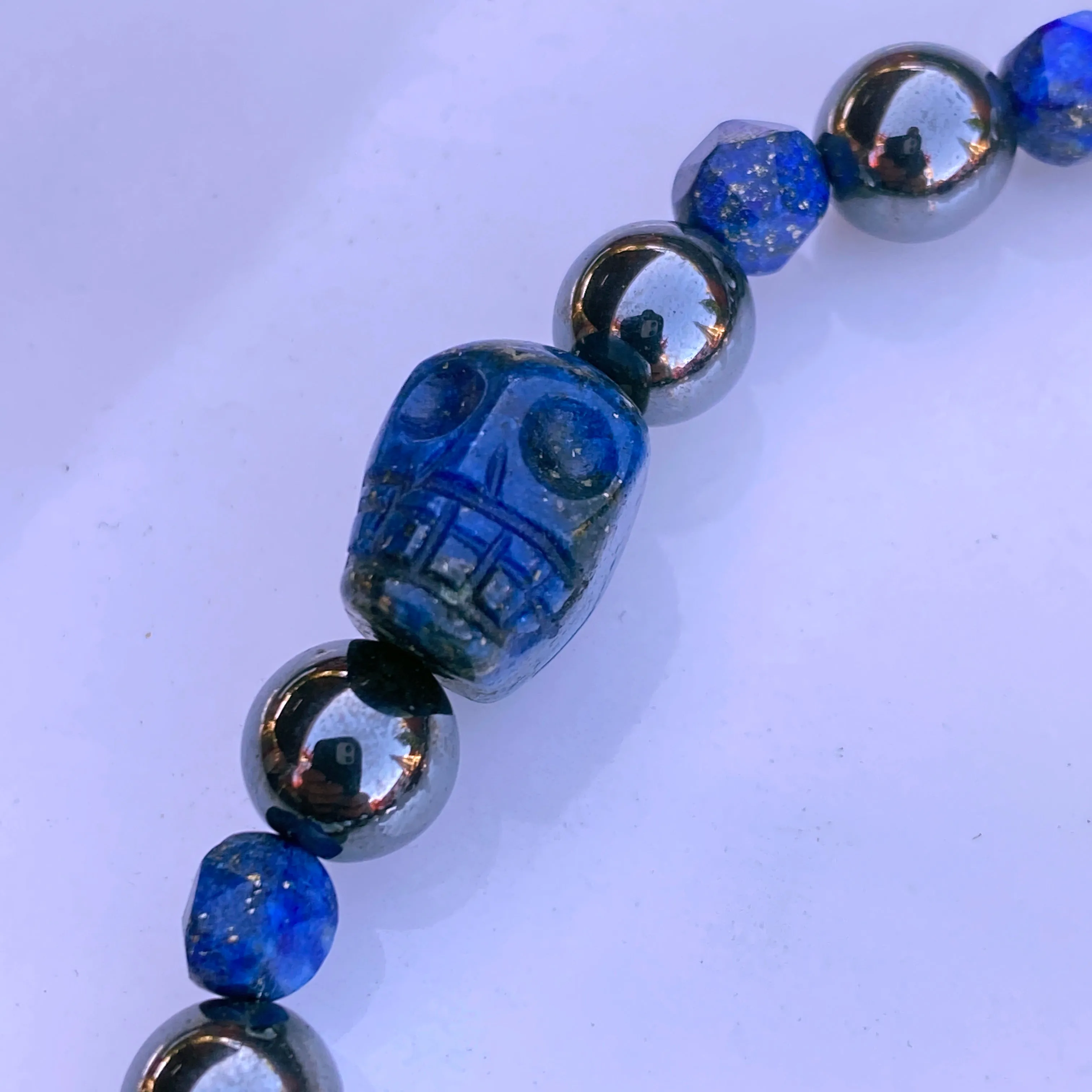 Lapis Lazuli and Hematite gemstone Beaded Skull Bracelet